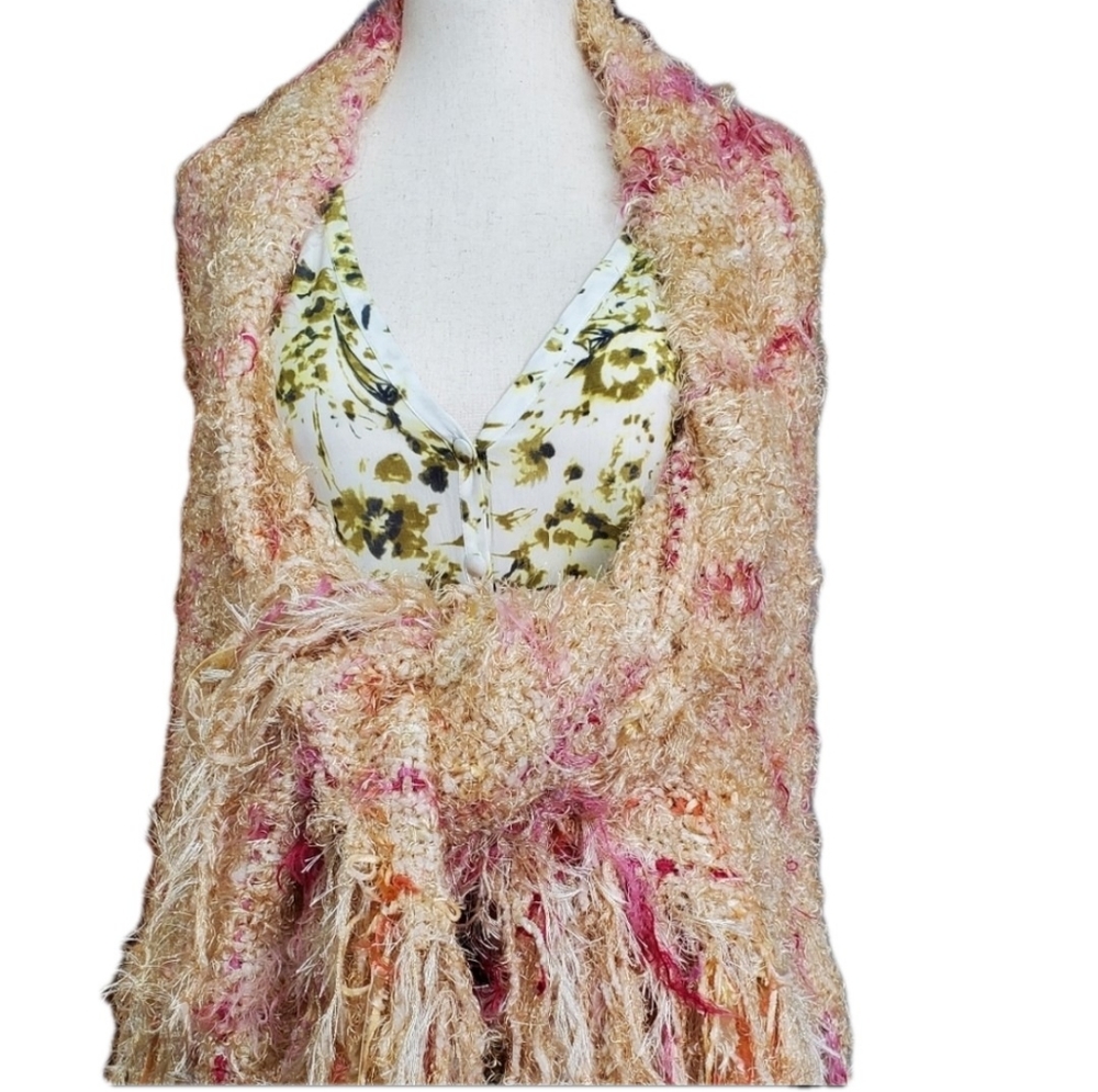 Handmade Shawl Hand Spun 100% Soft Wool 75" W Top 49" L Pink Cream New